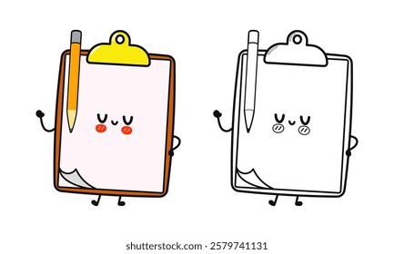 Cute Cartoon Clipboard Characters Set Color Outline for Kids and School Supplies