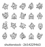 Cute cartoon clock character set includes multiple with different emotions, funny poses, useful objects, charming accessories, and playful themes for illustration and creative design projects