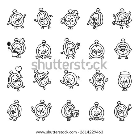 Cute cartoon clock character set includes multiple with different emotions, funny poses, useful objects, charming accessories, and playful themes for illustration and creative design projects