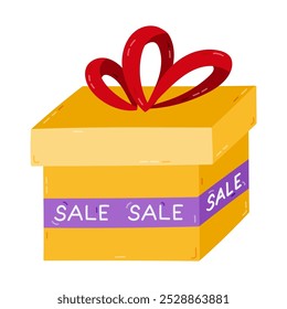 Linda caja de regalo cerrada de dibujos animados con lazo y letras Venta en cinta. Presente con la etiqueta del descuento para el viernes negro, Precio de vacaciones de descuento, oferta promocional. Regalo colorido dibujado a mano aislado sobre fondo.