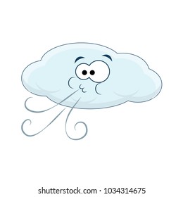 Cute cartoon cloud blows wind. Vector illustration isolated on white background.