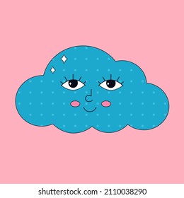 Personaje de la nube de dibujos animados en estilo retro con ojos. Hippie, droove psicodélico, retro y vintage. Ilustración del vector