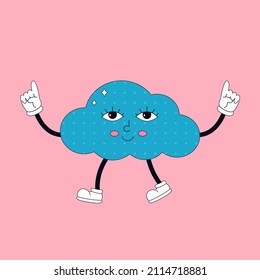 Personaje de la nube de dibujos animados en estilo retro con ojos. Hippie, psicodélico, groove, retro y vintage. Ilustración del vector