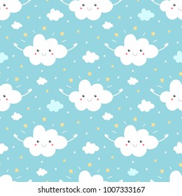 Cute cartoon cloud character with stars and dots seamless pattern background.