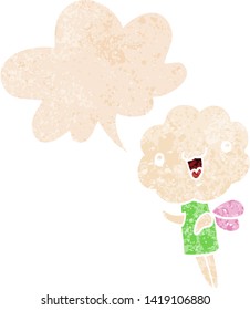 cute cartoon cloud head creature with speech bubble in grunge distressed retro textured style