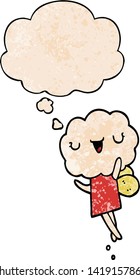 cute cartoon cloud head creature with thought bubble in grunge texture style