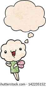 linda criatura de cabeza de nube de dibujos animados con burbuja de pensamiento en estilo de textura gruesa