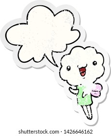 cute cartoon cloud head creature with speech bubble distressed distressed old sticker