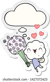 cute cartoon cloud head creature with thought bubble as a printed sticker