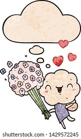 cute cartoon cloud head creature with thought bubble in grunge texture style