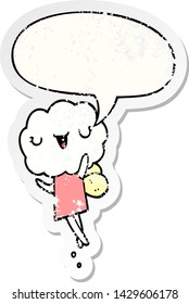 cute cartoon cloud head creature with speech bubble distressed distressed old sticker