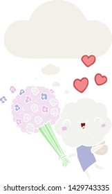 cute cartoon cloud head creature with thought bubble in retro style