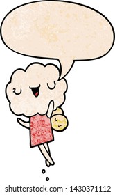cute cartoon cloud head creature with speech bubble in retro texture style
