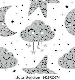 Cute cartoon cloud and moon pattern. 