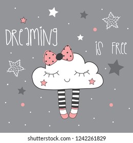 cute cartoon cloud on nightly backgorund vector illustration, pajamas and bedding pattern for kids