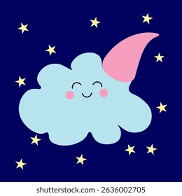 Cute cartoon cloud in  pink nightcap is smiling. Cloud and yellow stars in the night sky. Kind and joyful child character. One icon isolated on  blue background. Flat design. Kawaii.
