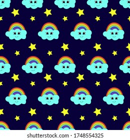 Cute cartoon cloud and rainbow. Seamless pattern. Vector illustration.