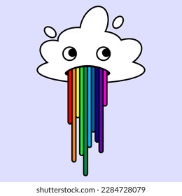 Nube de dibujos animados con vómito arcoiris. Etiqueta de ilustración en la nube. Ilustración vectorial aislada en el fondo.
