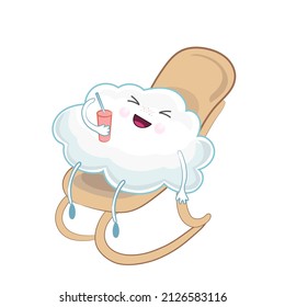 Cute cartoon cloud in a rocking chair with a drink in hand. Cartoon vector illustration. Kawaii, children's isolated vector illustration, sticker.  Cloud illustration. 