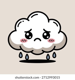 Linda nube de dibujos animados con cara triste y gotas de lluvia cayendo