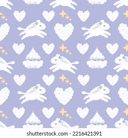 Cute cartoon cloud shapes baby  fabric pattern. Kids textile all over print. Lilac and white colours.