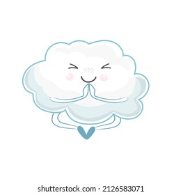 Cute cartoon cloud sitting in the lotus position, doing yoga, relaxed. Cartoon vector illustration. Kawaii, children's isolated vector illustration, sticker.  Cloud illustration. 