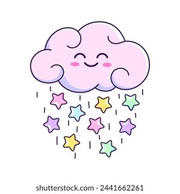 Cute cartoon cloud with a smiling face raining with stars. Vector kids drawing, illustraion