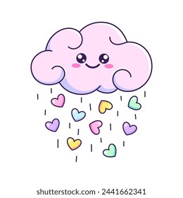 Cute cartoon cloud with a smiling face raining with hearts. Vector kids drawing, illustraion