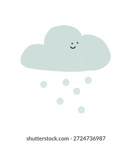 Cute cartoon cloud with a smiling face, light blue in color, dropping raindrops. Simple and cheerful design. Perfect for kids' decor or weather-themed projects. Illustration deign element vector.