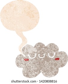 cute cartoon cloud with speech bubble in grunge distressed retro textured style