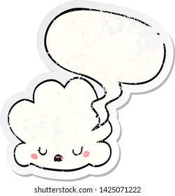 una linda nube de dibujos animados con burbuja de habla angustiada vieja pegatina