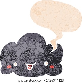 cute cartoon cloud with speech bubble in grunge distressed retro textured style