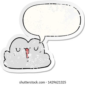 una linda nube de dibujos animados con burbuja de habla angustiada vieja pegatina