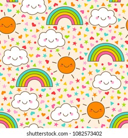 Cute cartoon cloud, sun and rainbow with colorful tiny elements background