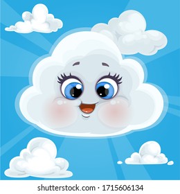 Cute cartoon cloud surrounded by a halo of glow on a background of blue sky and clouds