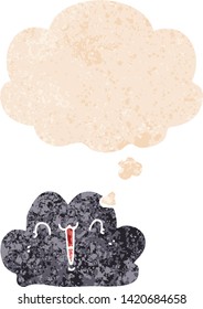 cute cartoon cloud with thought bubble in grunge distressed retro textured style