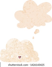 una nube de dibujos animados adorable con burbuja de pensamiento en un estilo retro angustiado y con textura estrafalaria