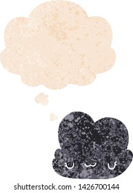cute cartoon cloud with thought bubble in grunge distressed retro textured style