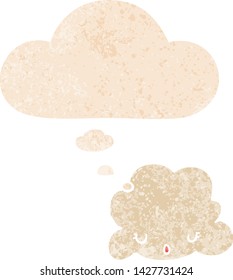 cute cartoon cloud with thought bubble in grunge distressed retro textured style