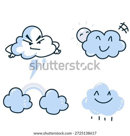 cute cartoon cloud weather like rainbow rain and thunder in hand drawn style