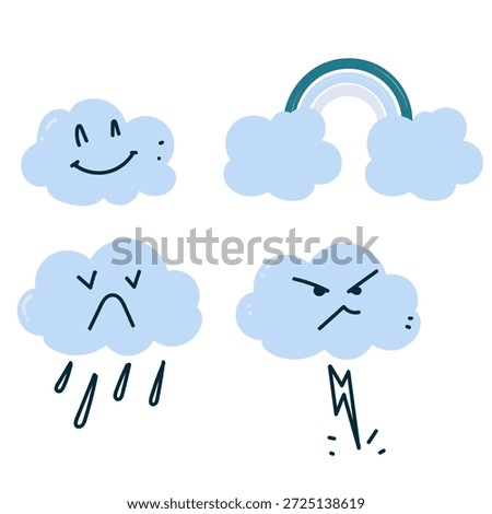 cute cartoon cloud weather like rainbow rain and thunder in hand drawn style
