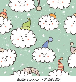 Cute cartoon clouds on a backdrop of a starry sky