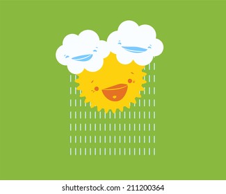 Cute cartoon clouds with raindrops and happy smiling sun behind them.