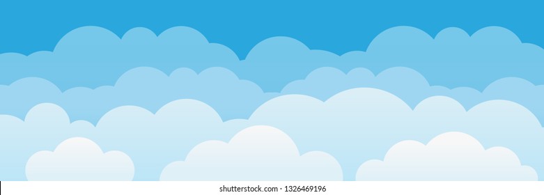 Cute cartoon clouds and sky background. Clouds for a nursery, a party, birthday. Blue sky and white clouds vector template for photozone.