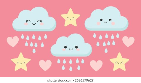 Cute cartoon clouds with smiling faces and falling raindrops and stars.