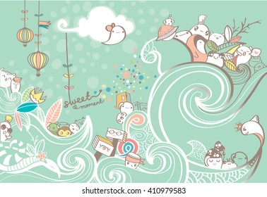 Cute Cartoon-Wolken und Wellenlinienmuster mit Doodles-Zeichnung