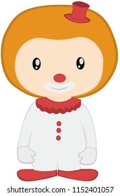 Cute cartoon clown character with an orange wig and a white one-piece clown suit.