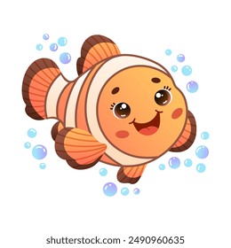 Cute cartoon clownfish with bubbles. Vector Illustration for children's books, educational materials, nursery decor