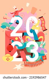 Cute cartoon CNY illustration. Cute rabbits play around 2023 number with spring festival objects. Concept of Chinese zodiac sign. Text: Happy Chinese New Year. Spring. Blessing.