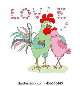 Cute cartoon cock and hen - symbol of 2017. The word Love consisting of hearts. Chinese New Year of the Rooster. Greeting card, Valentine Day design. Illustration in flat style